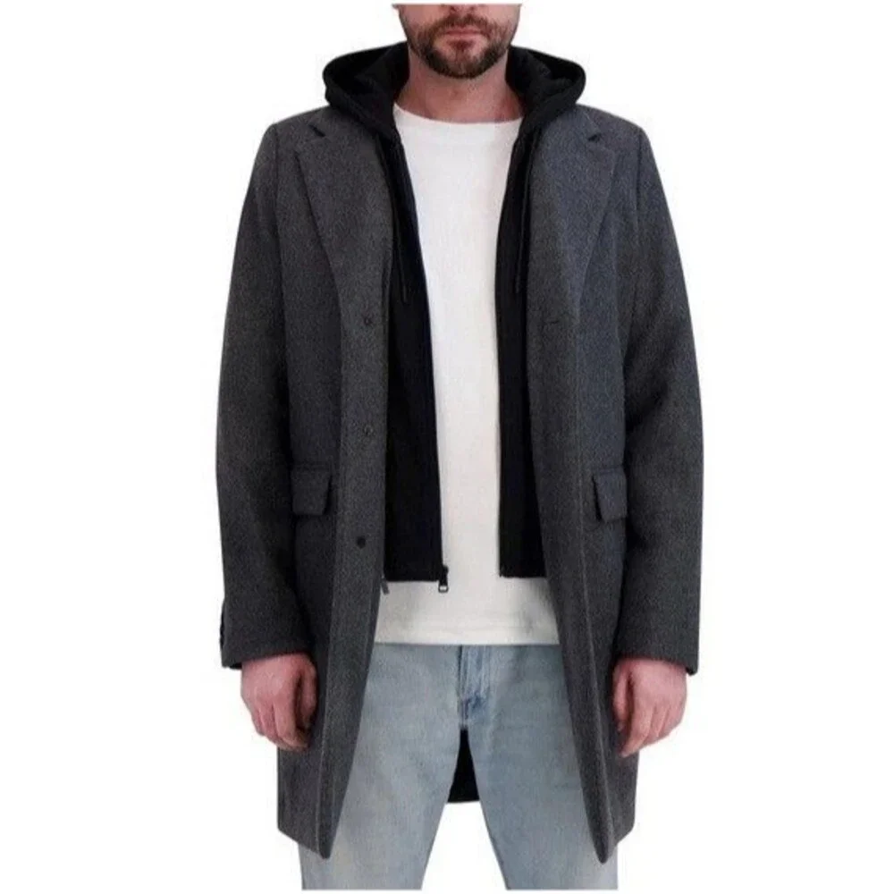 DKNY Men's Faux Wool 3 Button w/ Bib OverCoat Dark Gray Large NWT